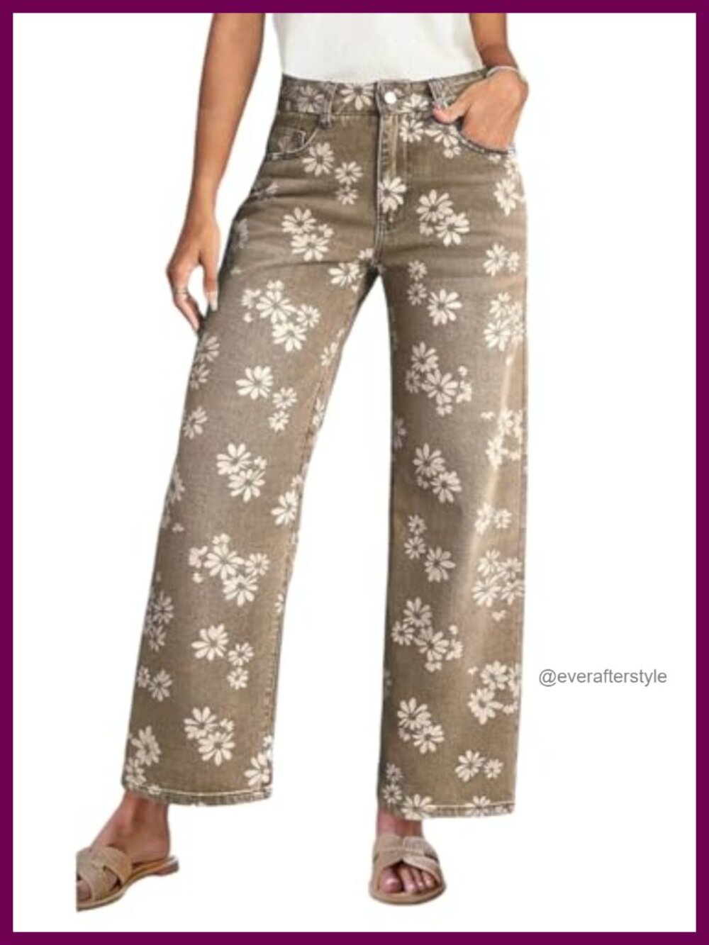 ebossy Women Floral Print High Waist Wide Leg Crop Denim Jeans Ankle Pants